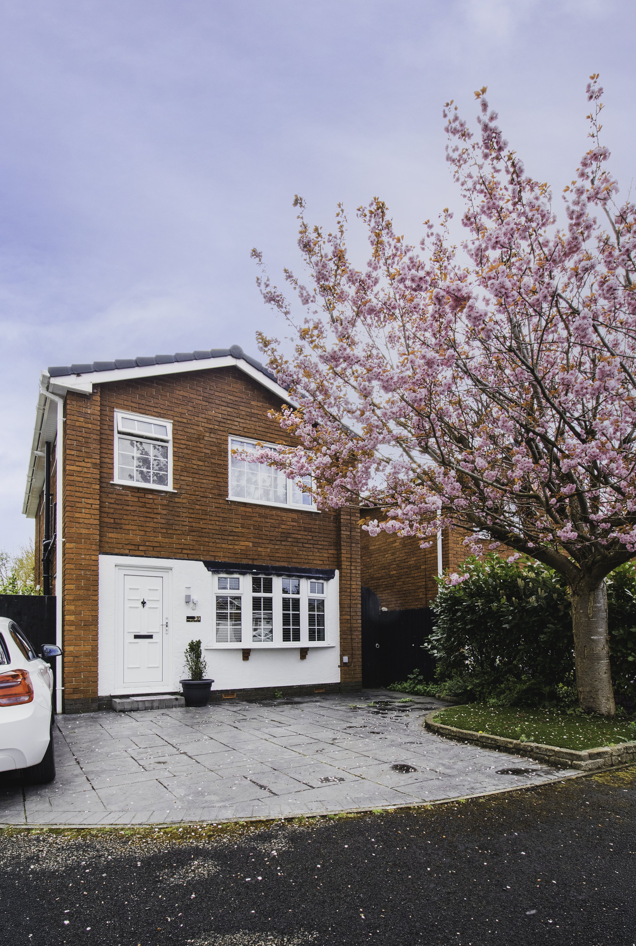 Brick house with white door and window, pink flowering tree on the right, parked white car on the left, paved driveway.