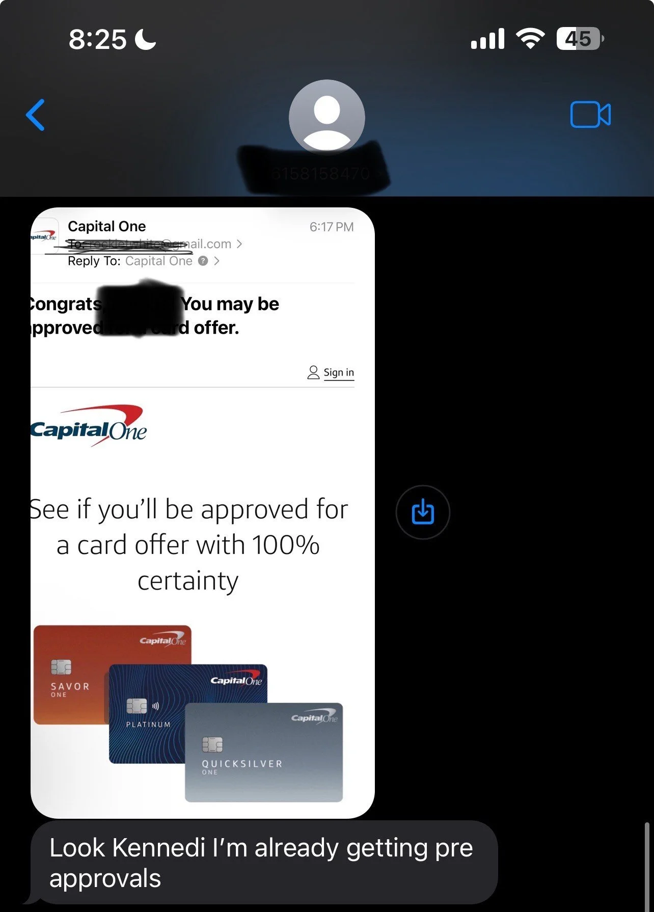 A screenshot of a text message conversation showing approval for a Capital One credit card with images of different Capital One credit cards. The message states that the person is already getting pre-approvals.