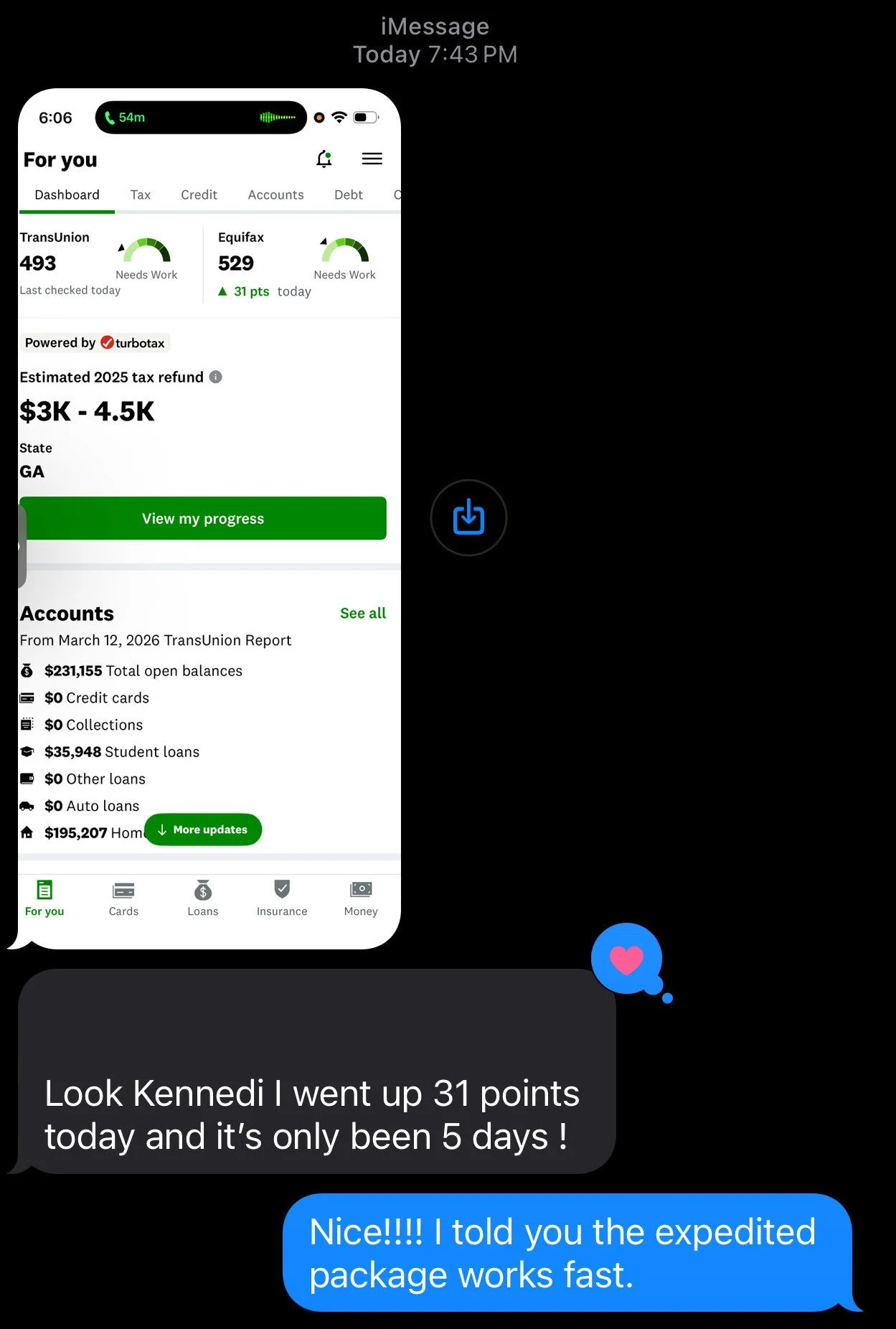 A smartphone screen showing a financial app dashboard with account balances, tax refund estimated between $3,000 and $4,500, and a navigation menu at the bottom. There are also text messages discussing an increase in points and the speed of a package delivery.