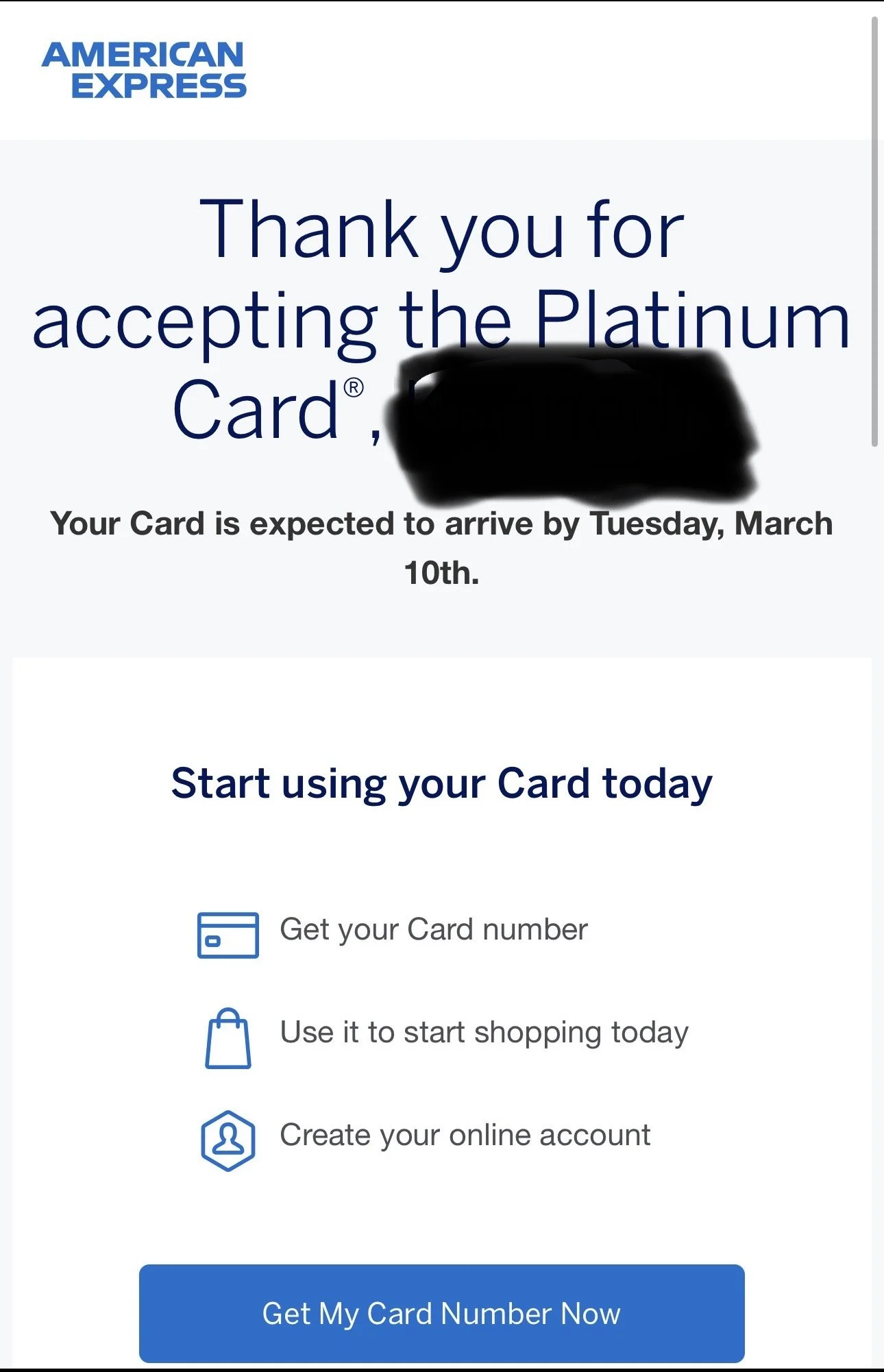 American Express promotional email showing a message of thanks for accepting the Platinum Card, with instructions to start using the card and a button to get the card number.
