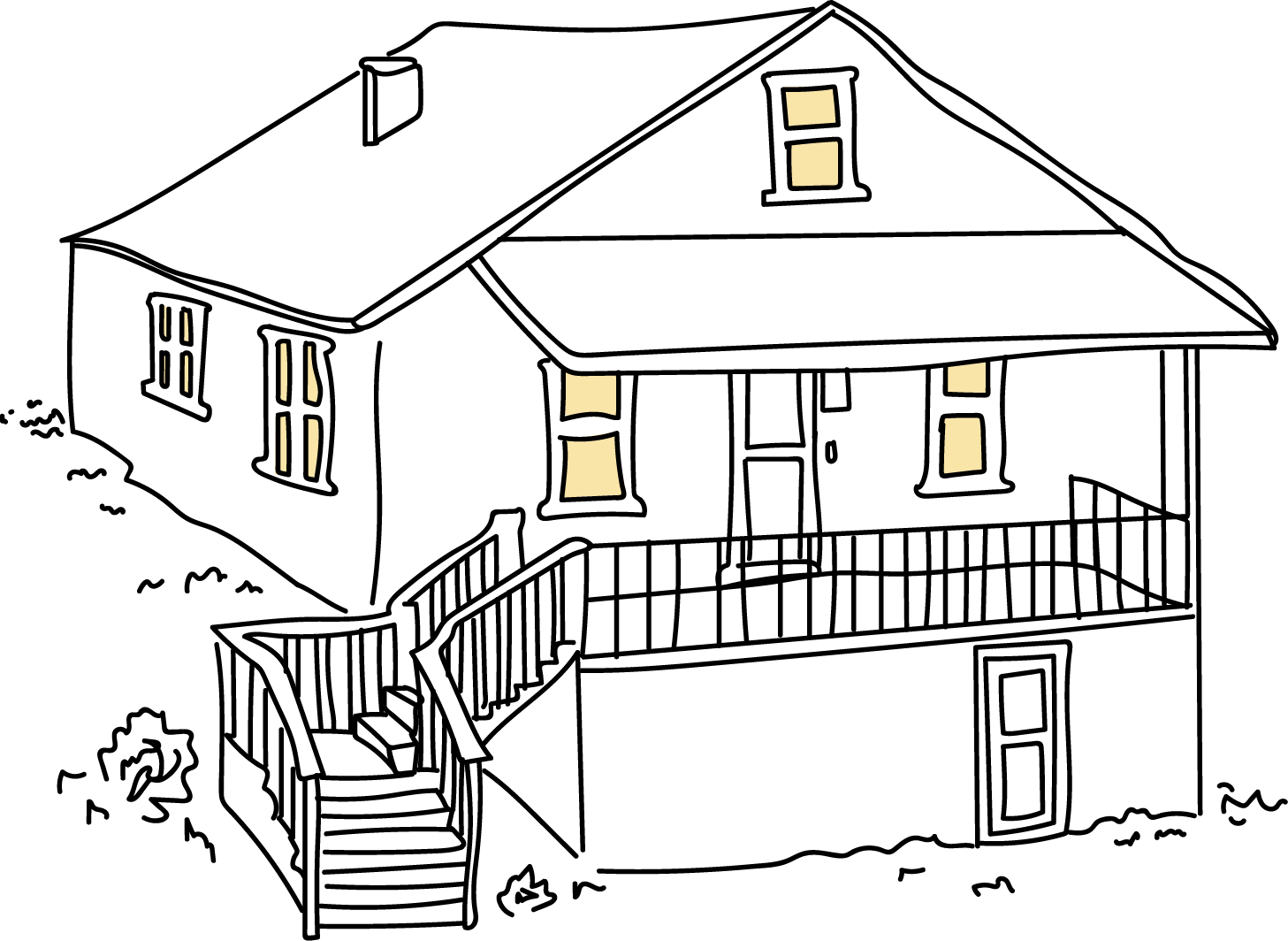 Illustration of a mutli story home with lights on.