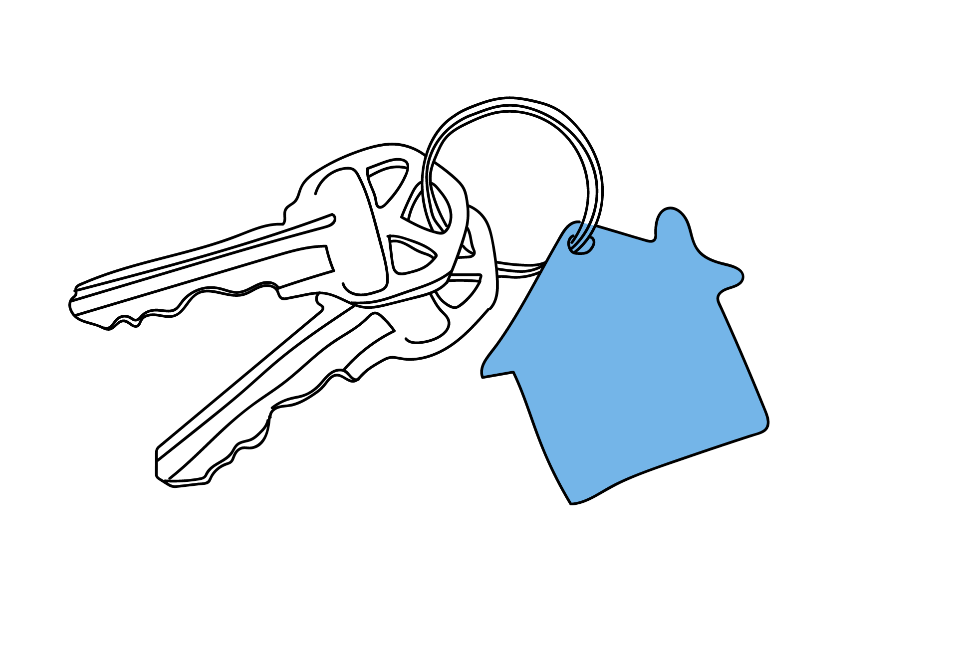 Illustration of a set of keys attached to a blue house-shaped keychain charm.