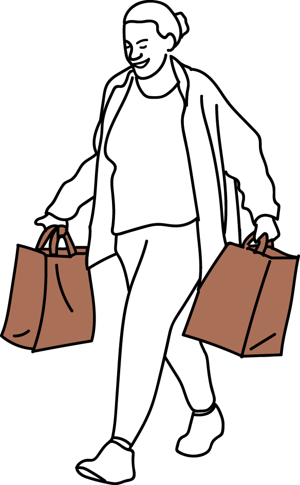 Illustration of a woman walking smiling, carrying two grocery bags.