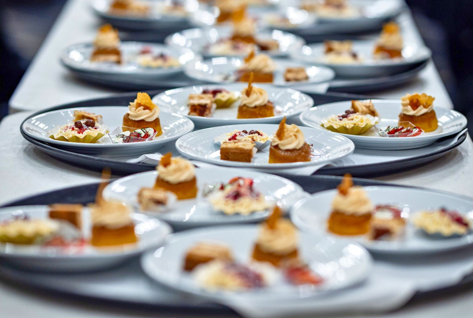 Several plates of assorted desserts on a table, each plate containing mini cakes and pastries with creamy toppings and garnishes.