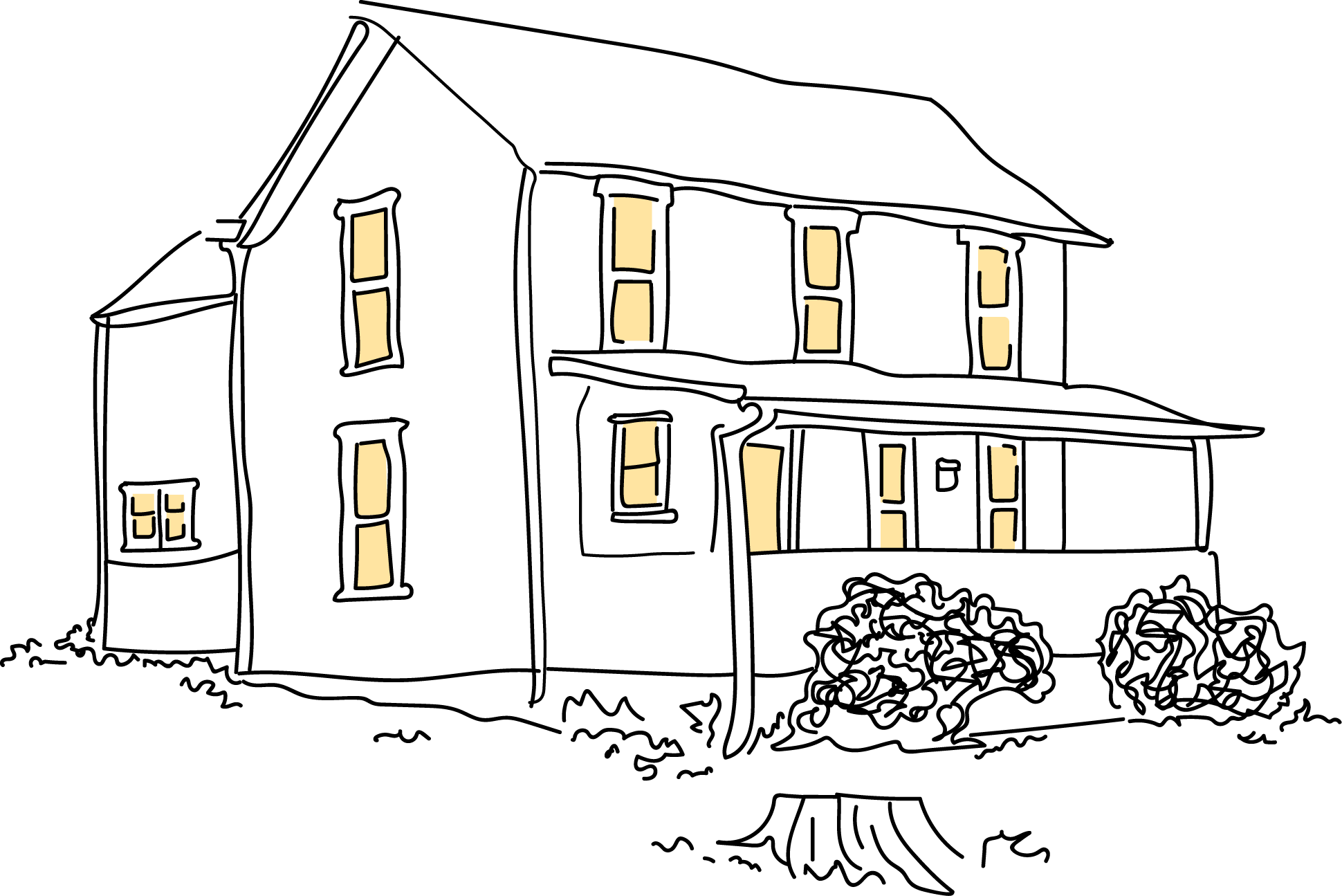 Illustration of a mutli story home with lights on.