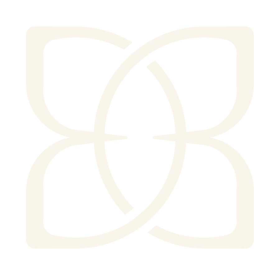 Stylized white flower design on black background with four petals and curved lines.