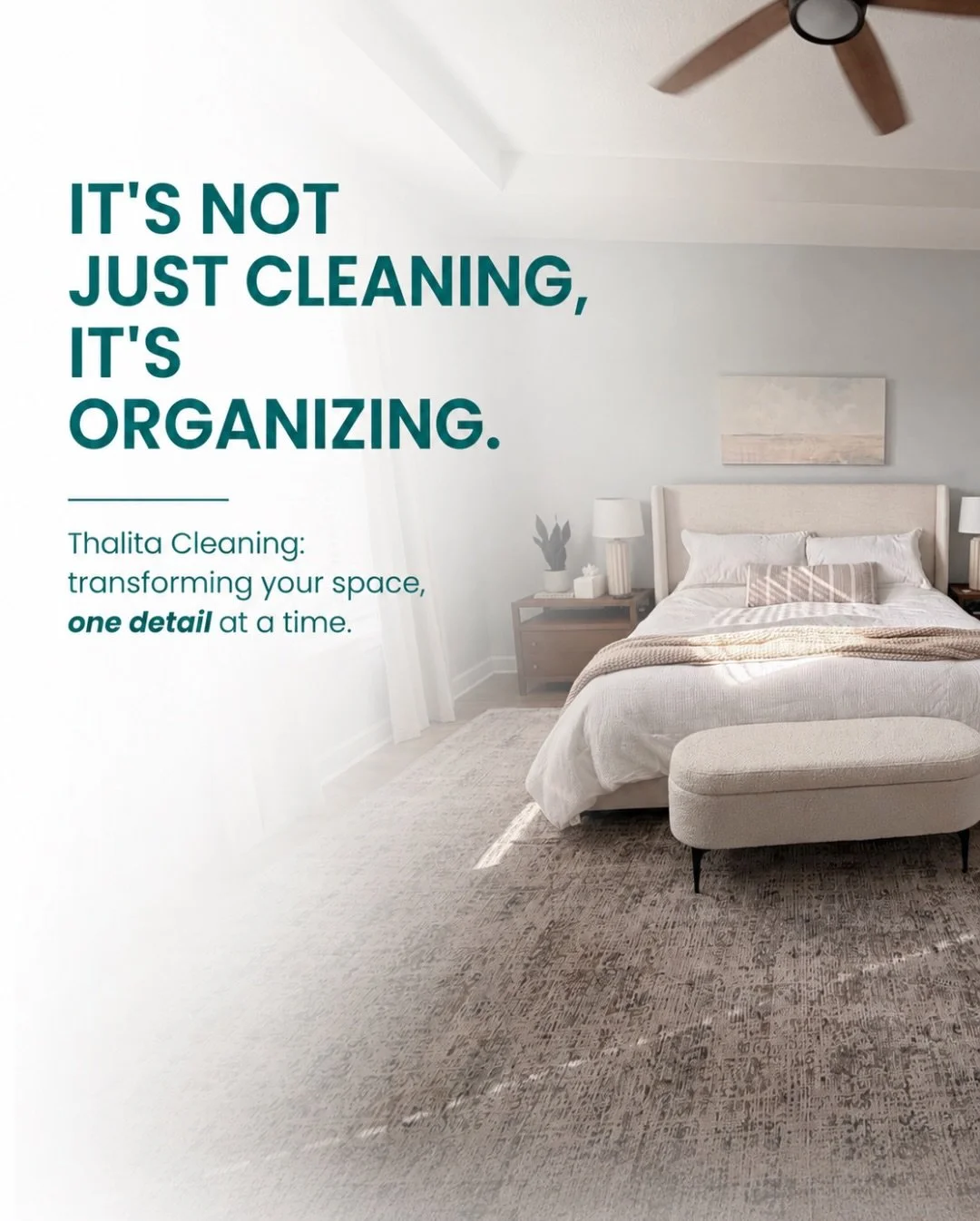 A clean bedroom changes the way you feel, rest, and recharge every single day.
An organized space brings comfort, peace, and a sense of balance to your routine while creating a healthier and more relaxing environment for your home.
At Thalita Cleanin