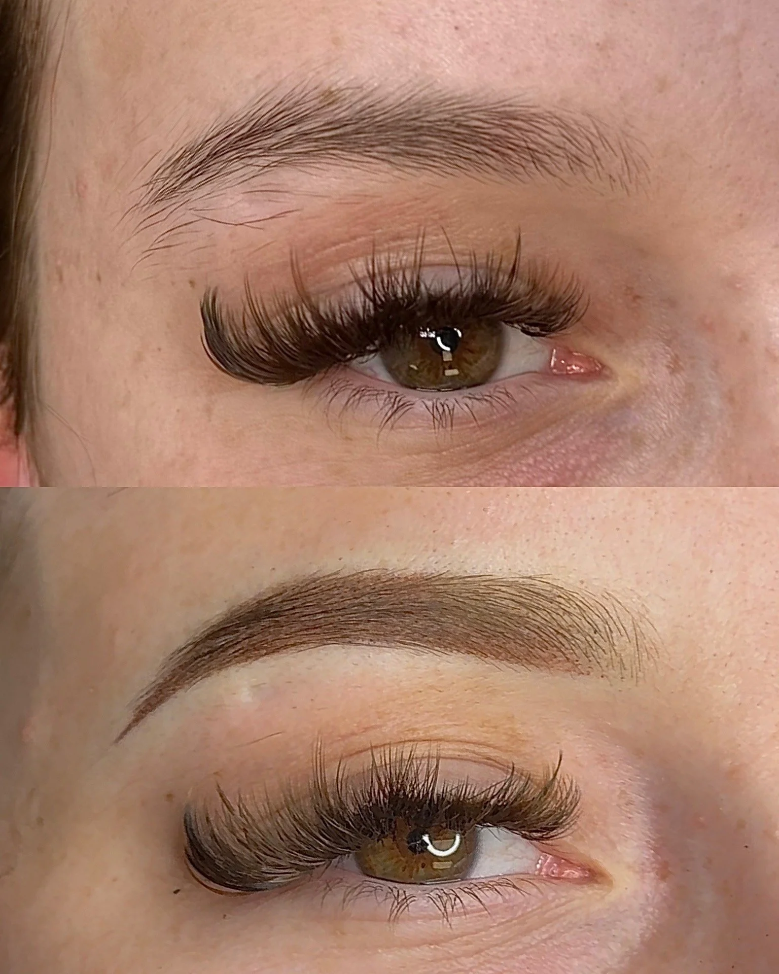 Close-up of a person's face showing their eye with brown iris and long, voluminous eyelashes, along with their well-groomed eyebrow.