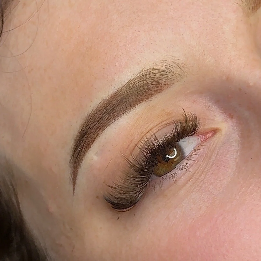 Close-up of a woman's eye showcasing well-groomed eyebrows, long eyelash extensions, and light skin.