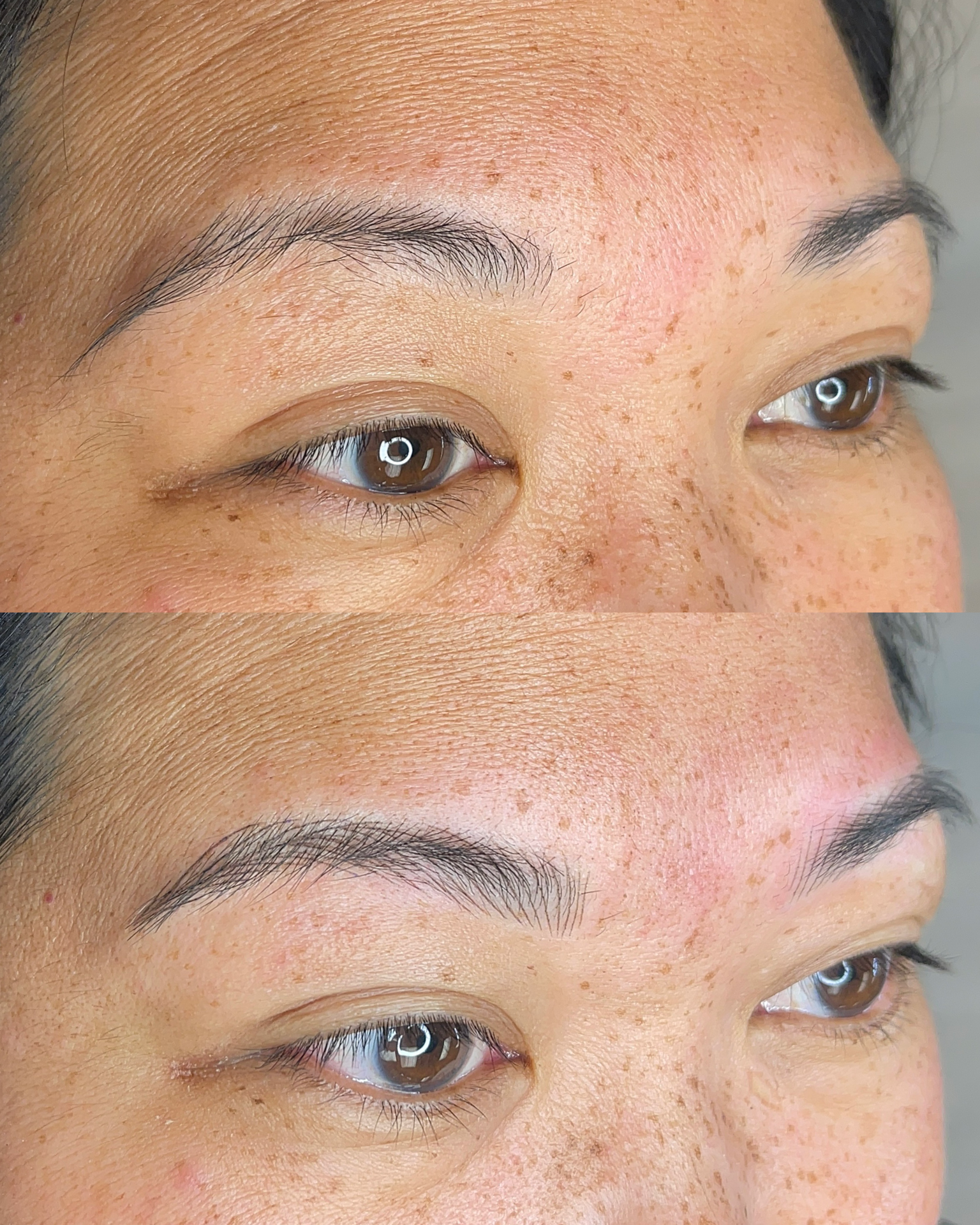 Close-up of a person's face focusing on the eye and eyebrow area, showing smooth skin with visible freckles and natural eyebrow shape.