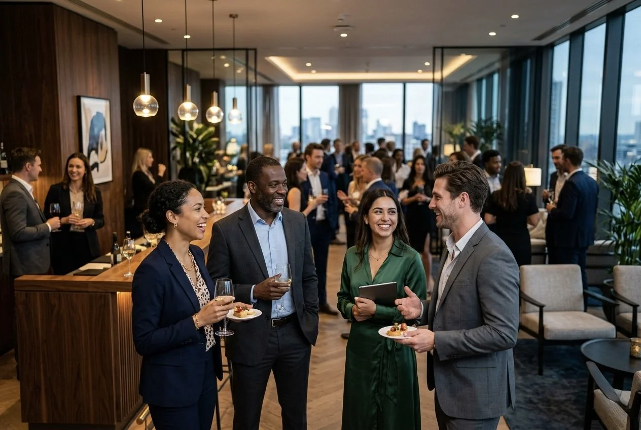 A group of professionals at a networking event in a modern high-rise office lounge with large windows, engaging in conversation, holding drinks and plates, with some in formal business attire.
