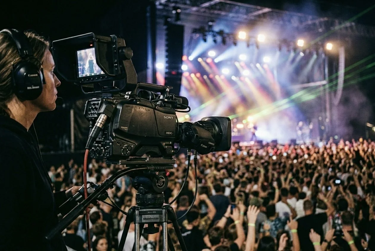 A female videographer filming a concert with a professional video camera while a large crowd watches on in front of a brightly lit stage.