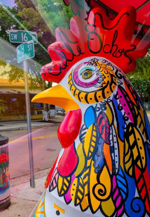 Colorful painted chicken statue with vibrant feathers and a large yellow beak, situated on a sidewalk near a street sign for SW 16th St and 18th Ct, with trees and storefronts in the background.