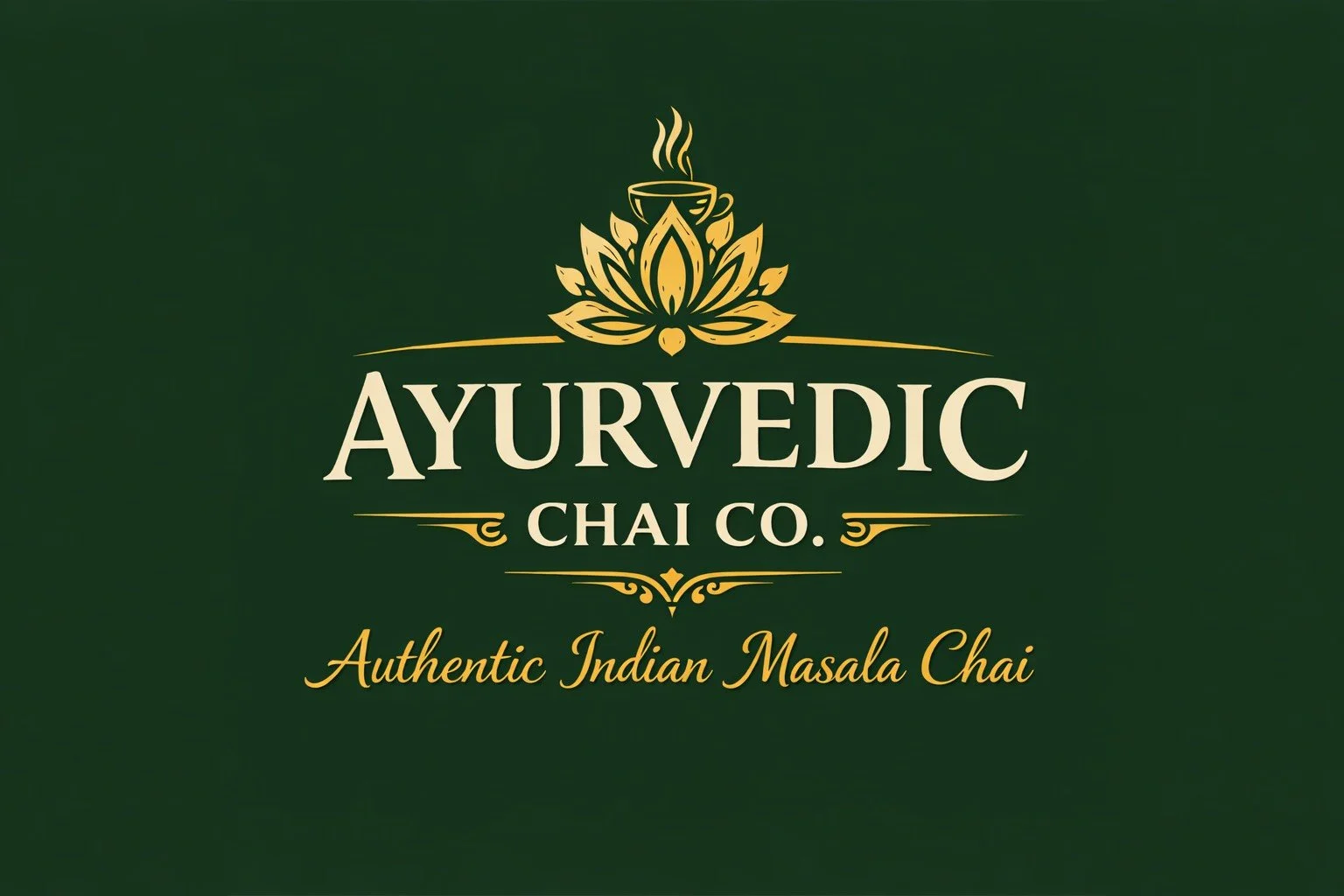 Logo for Ayurvedic Chai Co. featuring a stylized lotus flower with a steaming cup on top, and the text 'Ayurvedic Chai Co.' with the tagline 'Authentic Indian Masala Chai'.