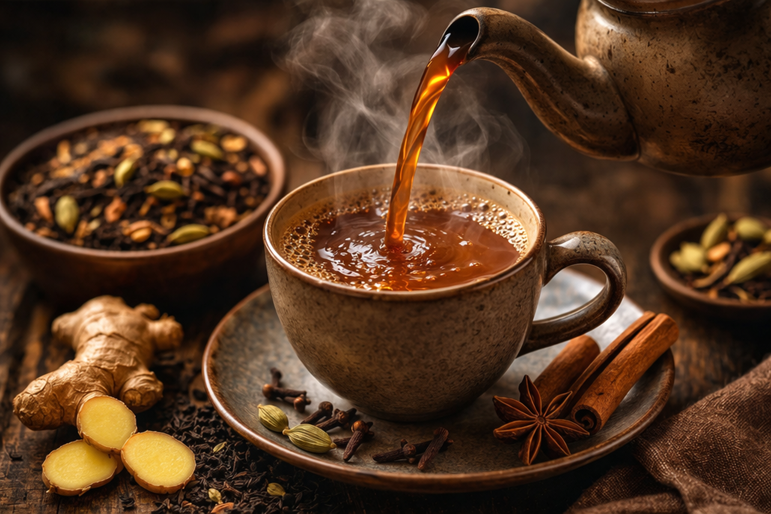 Hot tea being poured into a rustic ceramic cup, surrounded by spices and herbs like ginger, cinnamon, star anise, and cardamom on a dark wooden surface.