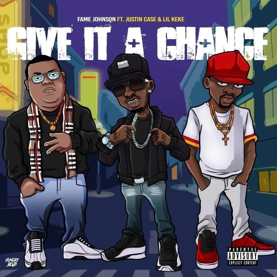 Animated illustration of three men standing in an urban city street at night, with the title 'Give It a Chance' above them. The man on the left is wearing glasses, a black jacket, blue jeans, and white sneakers. The man in the center is wearing a bla