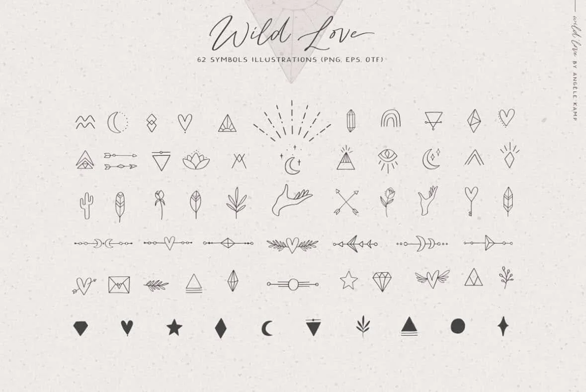 A collection of 62 minimalistic black line symbols and illustrations related to love and nature, including hearts, moon phases, arrows, plants, and geometric shapes, titled 'Wild Love' on a light background.
