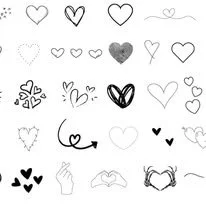 A collection of various hand-drawn heart and love-themed doodles in different styles and sizes.