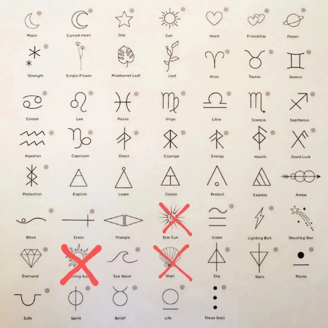A chart of various symbols and their meanings, including zodiac signs, celestial symbols, and other abstract icons, with some symbols like 'Morning Sun', 'Shell', and 'Star Sun' crossed out in red.