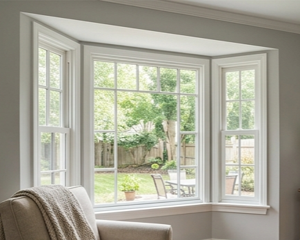 A large bay window with a view of a backyard garden with trees, outdoor furniture, and a small potted plant.