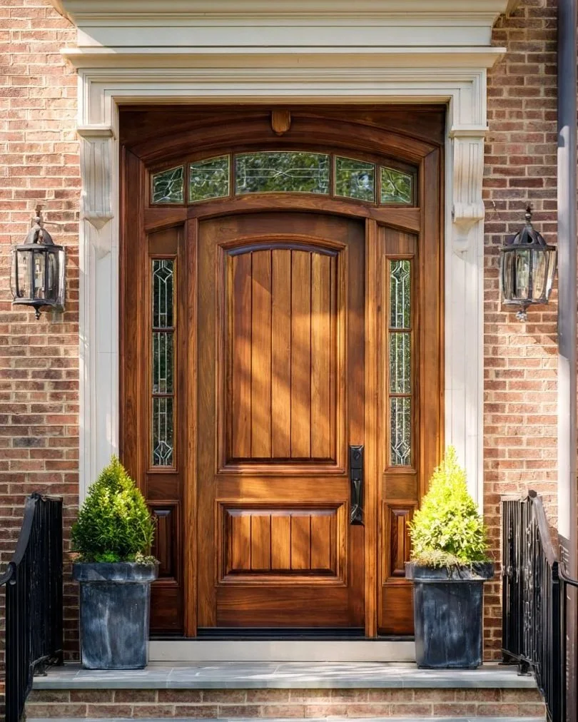 Wooden front door with decorative glass panels, flanked by two potted evergreen plants, brick exterior walls, and lantern-style light fixtures.