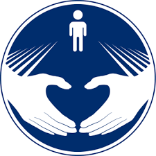 A circular logo with a blue background featuring a white human figure at the top, and two white hands holding a heart in the center.