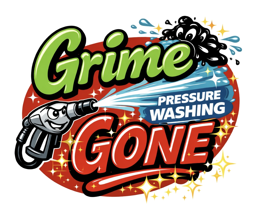 Graphic of a pressure washer spraying water with the words "Gimme Pressure Washing GONE" and sparkles in the background.