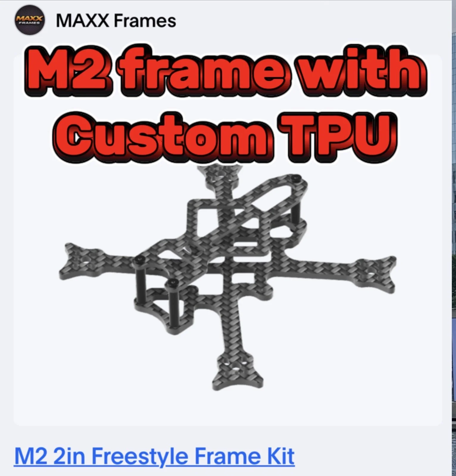 A black and gray M2 drone frame made of custom TPU, shown in a 3D rendering on a light background with red and black text indicating it's a "M2 frame with Custom TPU".