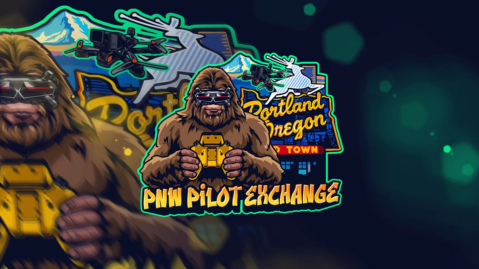 A digital illustration featuring a Bigfoot holding a yellow drone controller, wearing VR goggles, with a snowy mountain, flying drones, and a neon sign that reads "Portland Oregon" and "PNW Pilot Exchange."