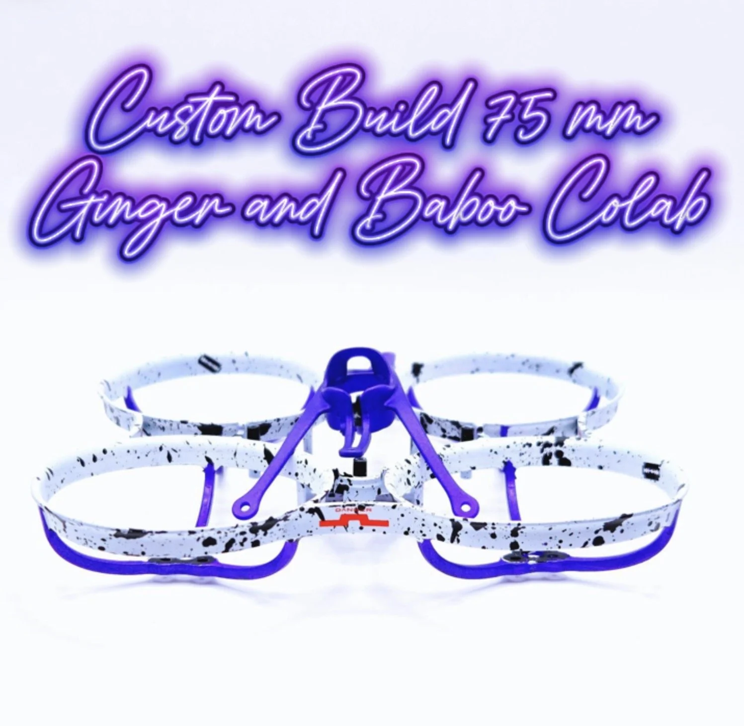 A set of four white and black speckled Gorilla Glue brand finger traps with purple accents, arranged on a white surface with a neon purple and blue text overlay that reads 'Custom Build 75 mm Ginger and Baboo Colab'.