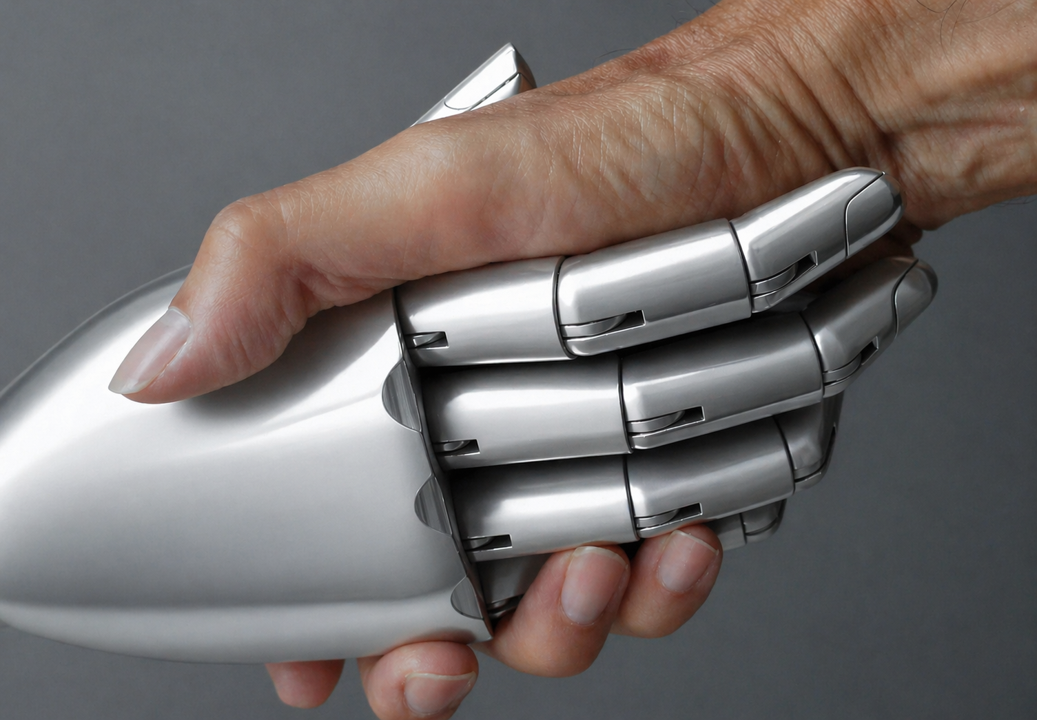 Silver robotic hand shaking hands with a human hand