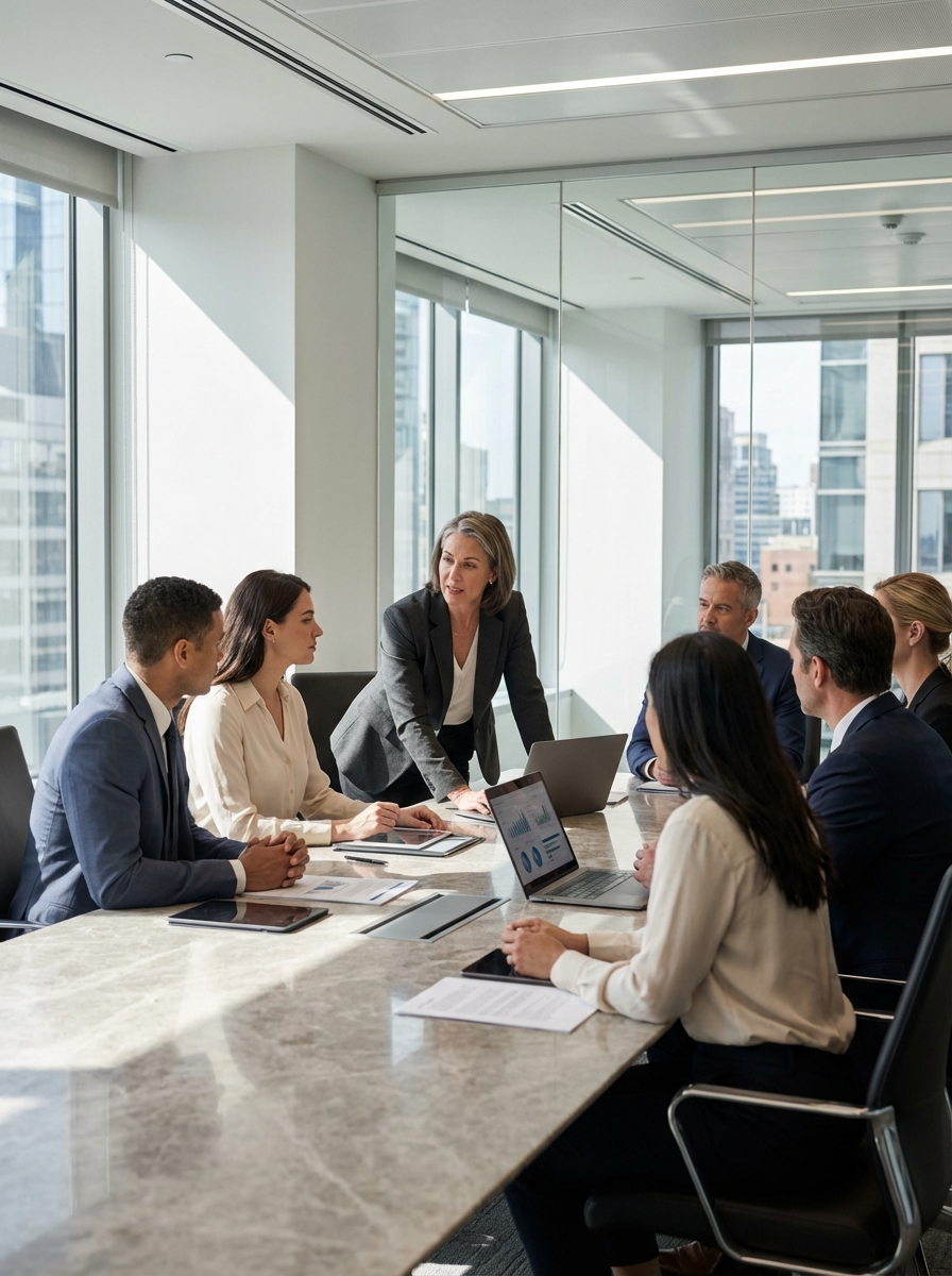 A woman in a gray blazer leading a business meeting with six other professionals seated around a large conference table in a modern office with floor-to-ceiling windows.