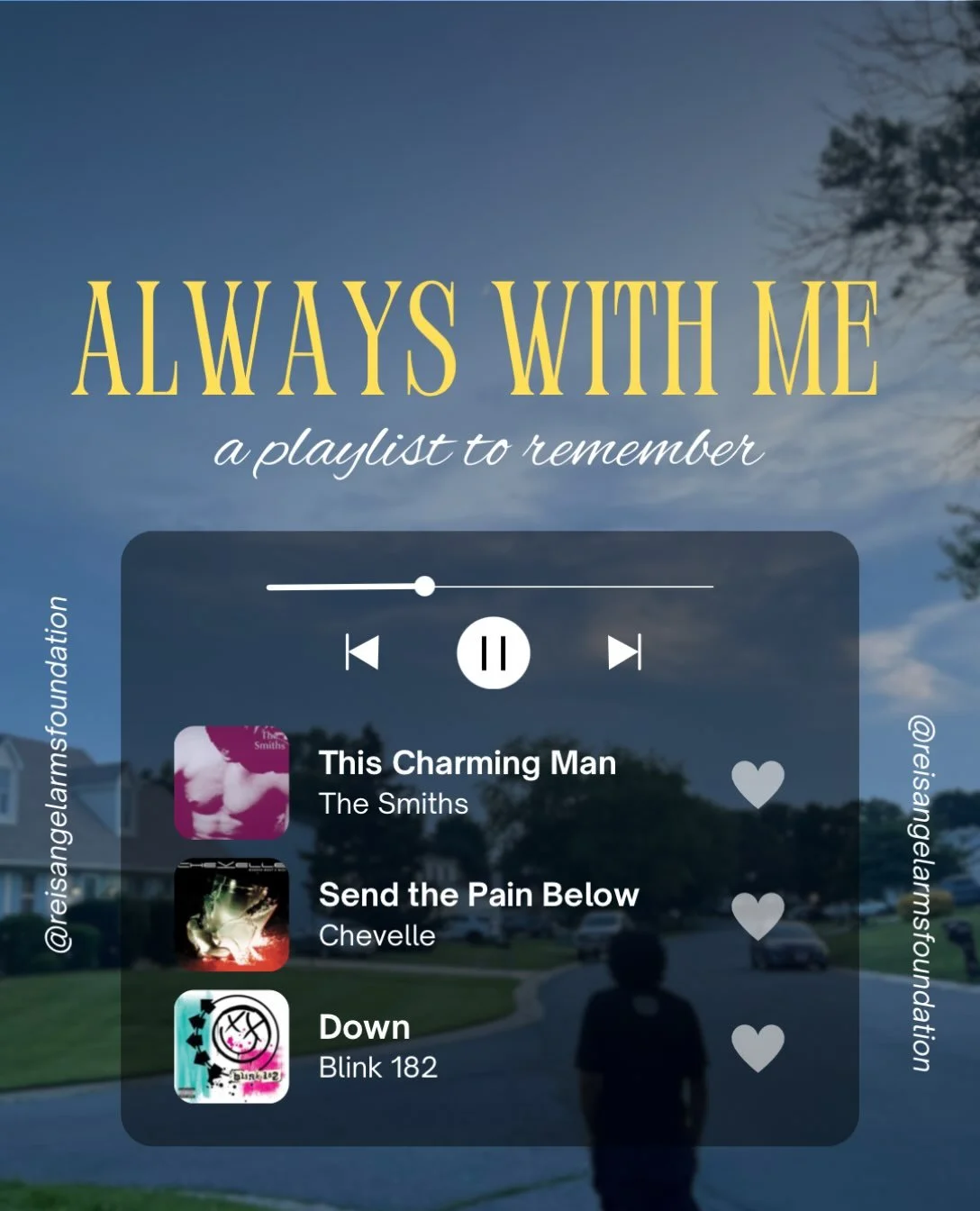 Remember them with the things they loved. 

One of the ways we remember Reis is through music. 

Reis loved to listen to music, he loved to play it, he loved it see it played live. He sang. He drummed. He danced. 

Some songs we play to put words to 