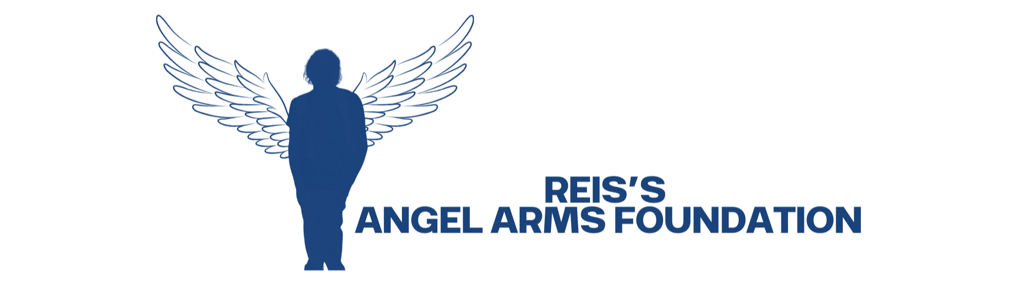 Silhouette of a person with angel wings above the text "Reis's Angel Arms Foundation".