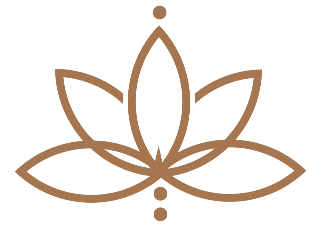 Brown line art of a lotus flower with seven petals and two small dots below the flower.