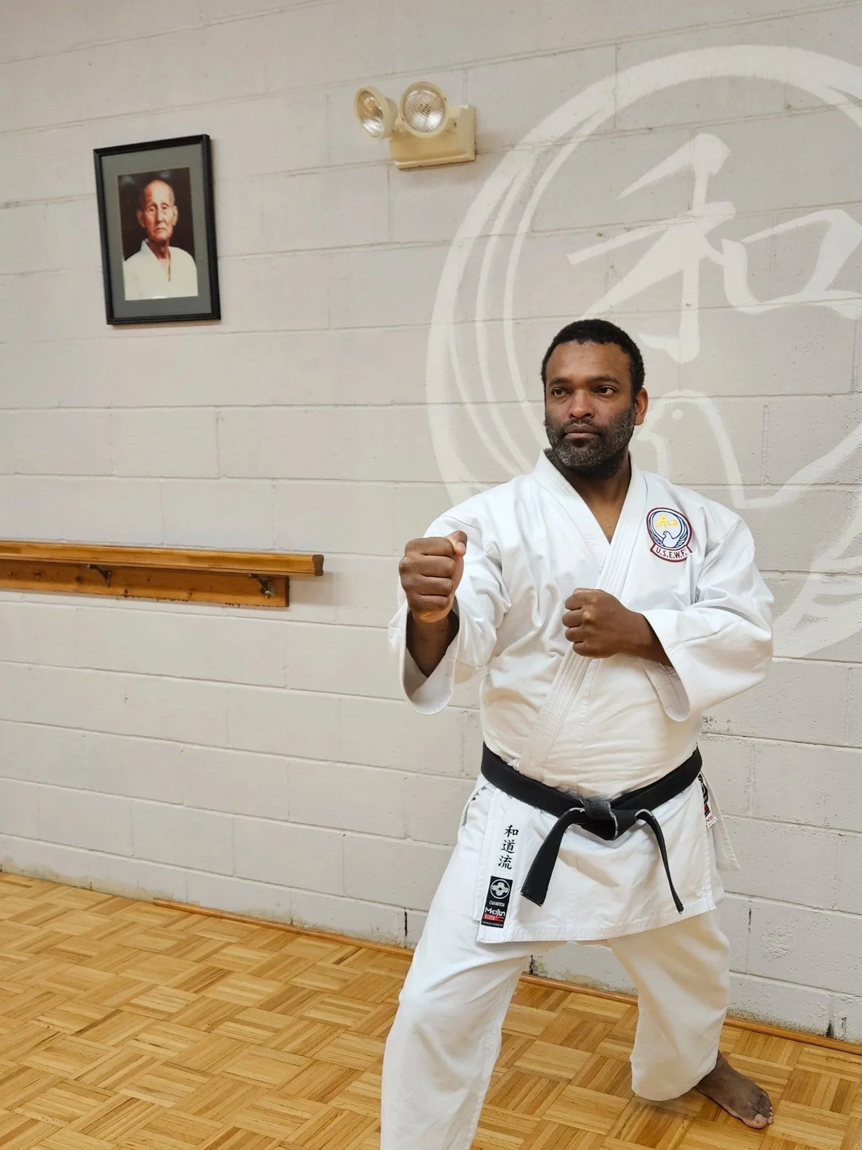 An adult man in a white martial arts uniform with a black belt practicing a martial arts pose in a dojo, with a portrait and a large circular symbol on the wall behind him.
