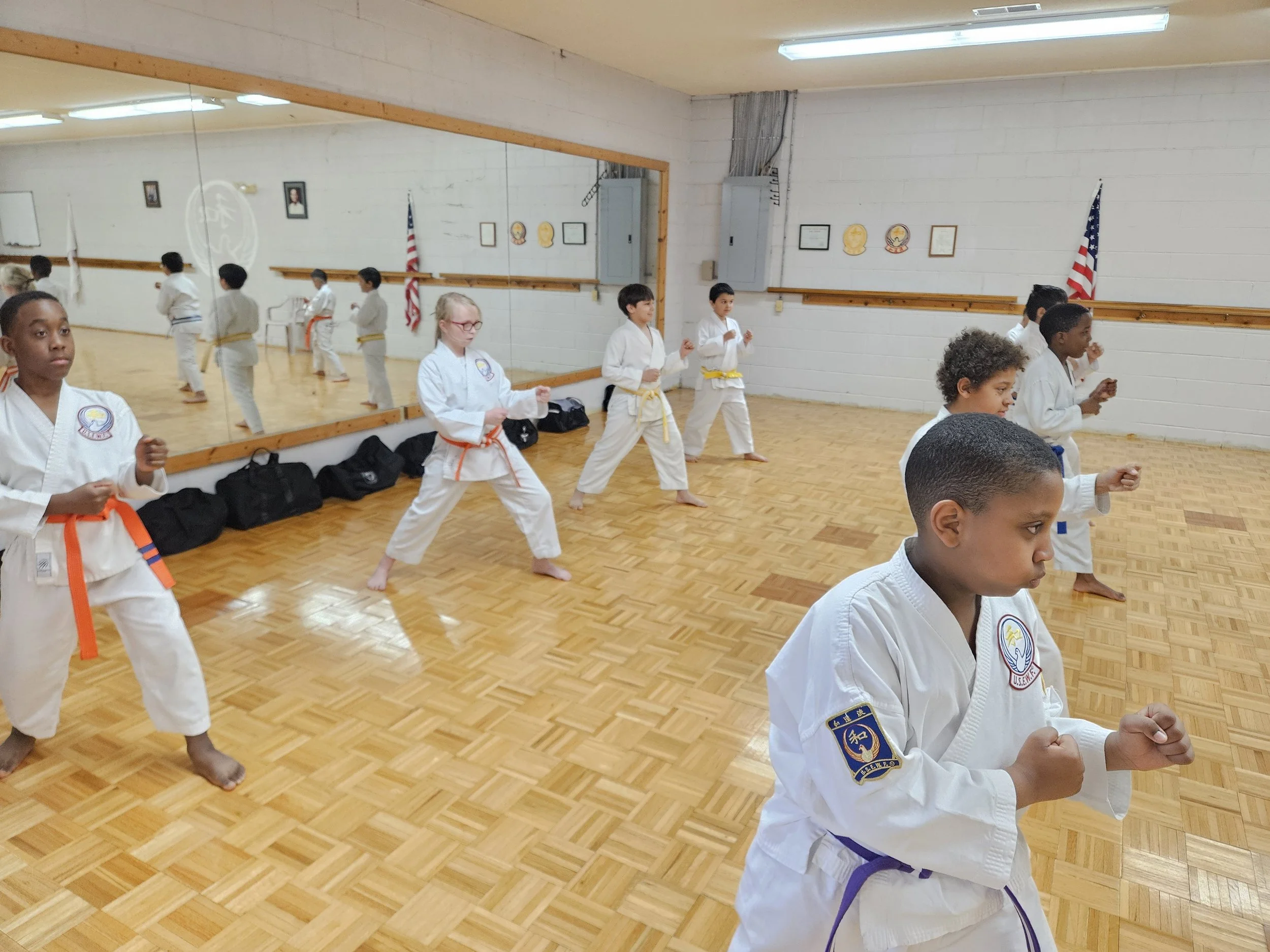 Children practicing martial arts in a dojo with mirrors, picture frames, and American flags on the walls.