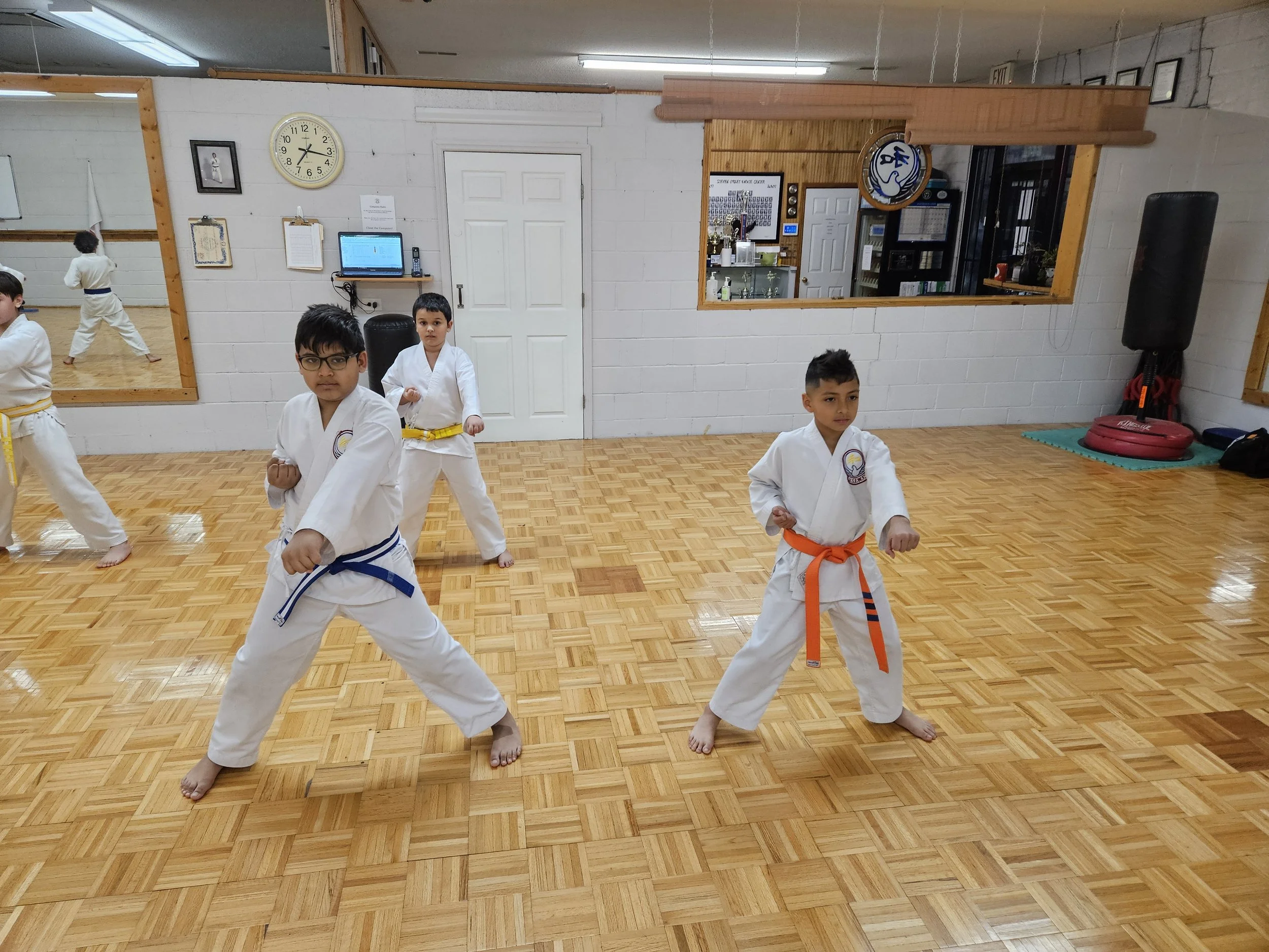 Children practicing martial arts in a dojo, wearing traditional uniforms and colored belts, with a wooden floor and mirrors on the wall.