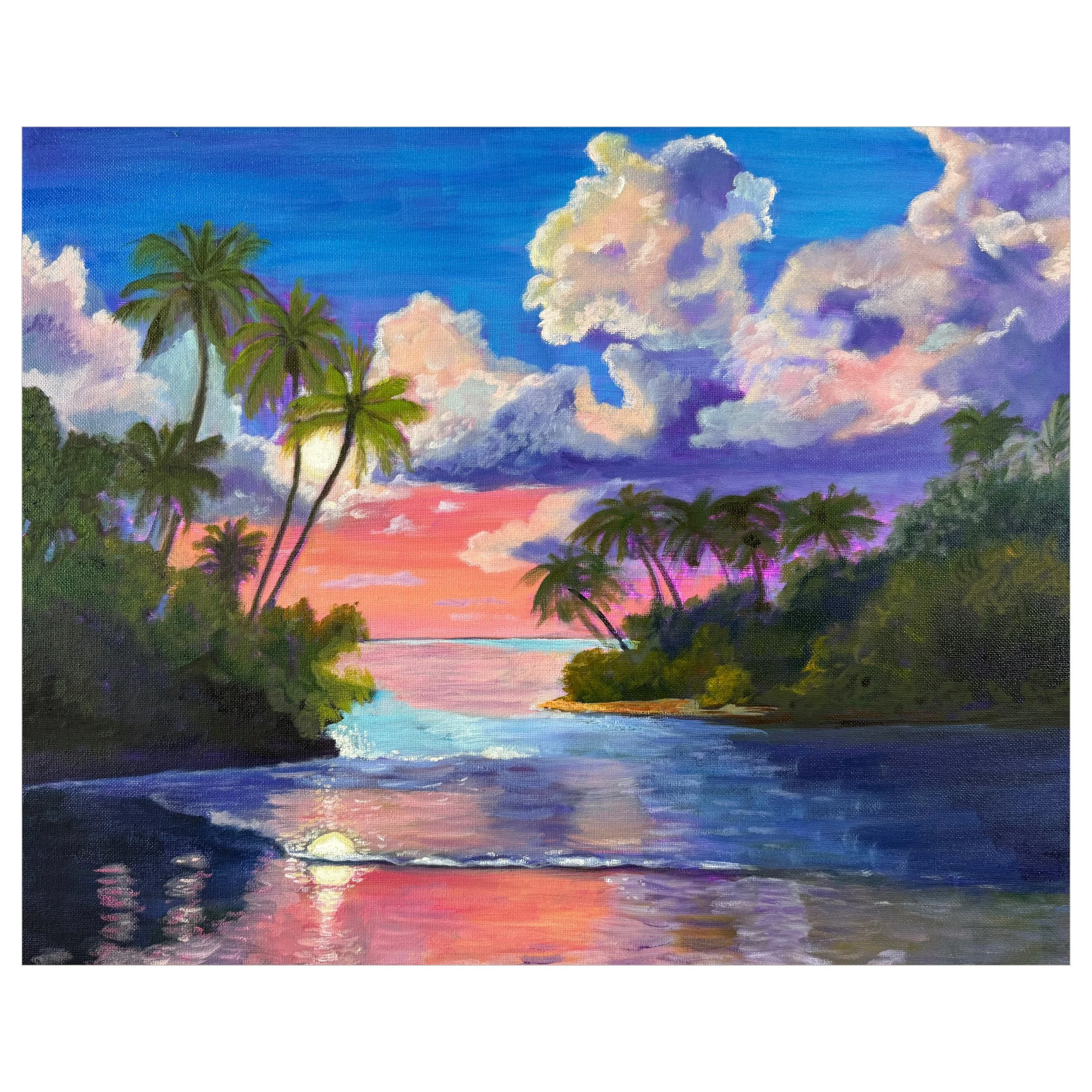 Through the Palms, Original Tropical Sunset Oil Painting by Artist Donna Fox