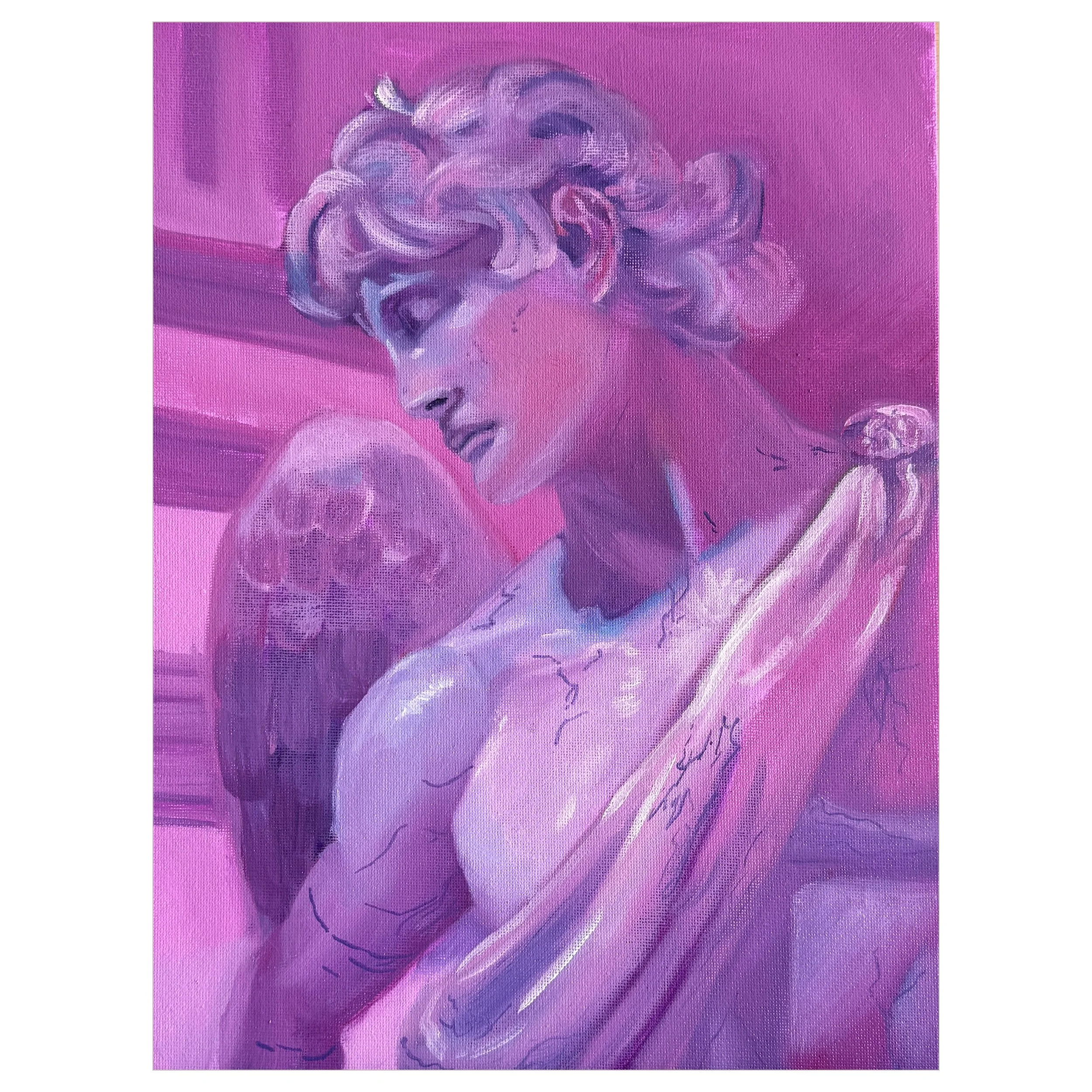 Phthonus Regrets  | Original 9x12 Oil Painting of a Marble Angel in Magenta Light