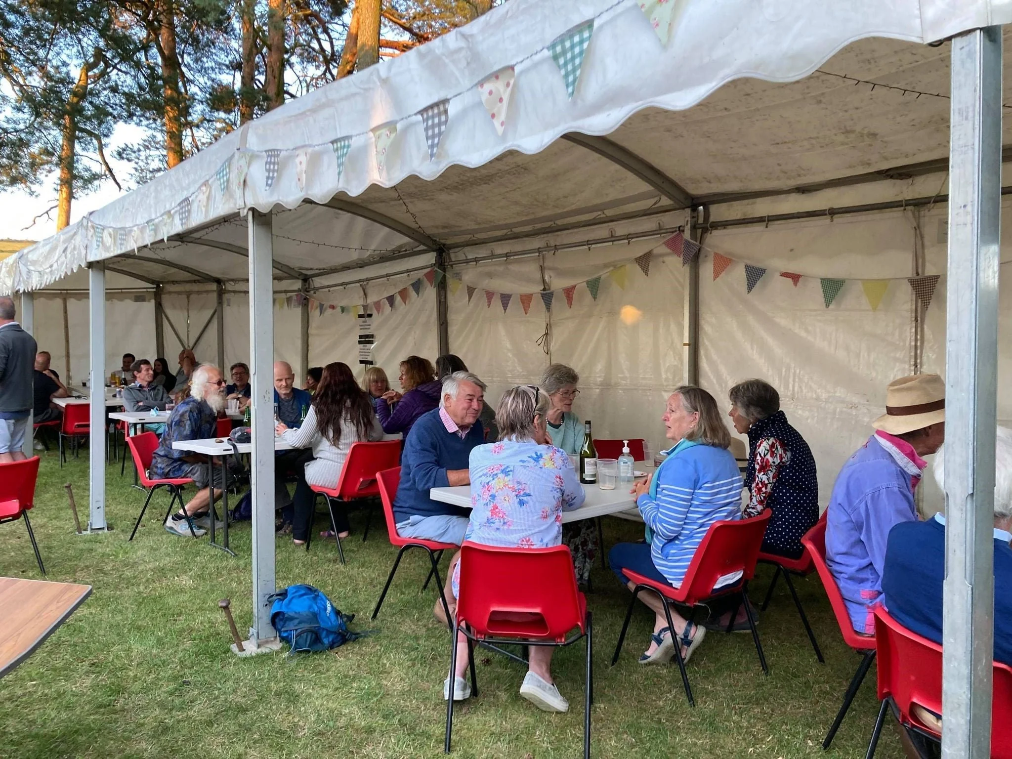 People gathered around tables under a white canopy tent decorated with bunting at an outdoor event.