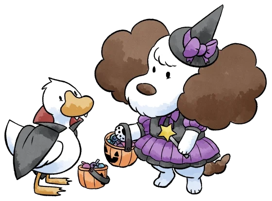 a gif of Buttons and Zip in Halloween costumes with buckets of sweets.