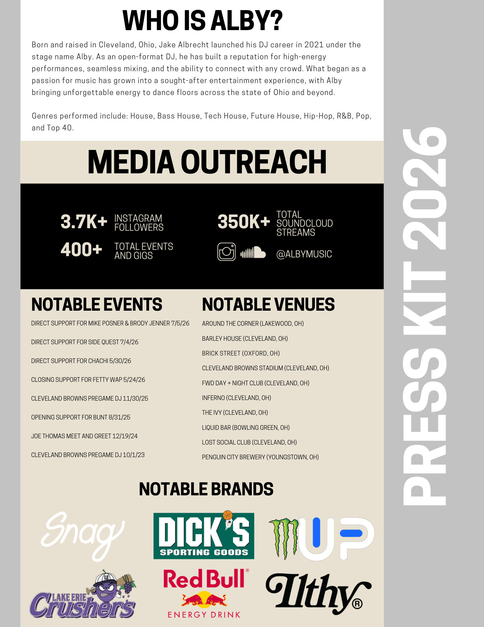 A promotional infographic with the title 'Who is Alby?' and information about DJ Alby, along with social media stats and notable events and venues. The image also features logos of various brands including Dick's Sporting Goods, Monster Energy, and Red Bull, as well as logos of Lake Erie Crushers and Ithaca