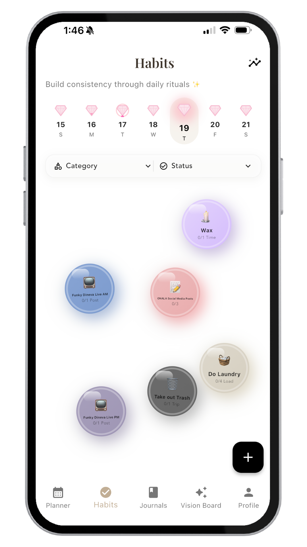 Mobile app screen showing a habits tracker with actions like waxing, social media posts, laundry, trash collection, and taking out trash, with the date highlighted as the 19th.