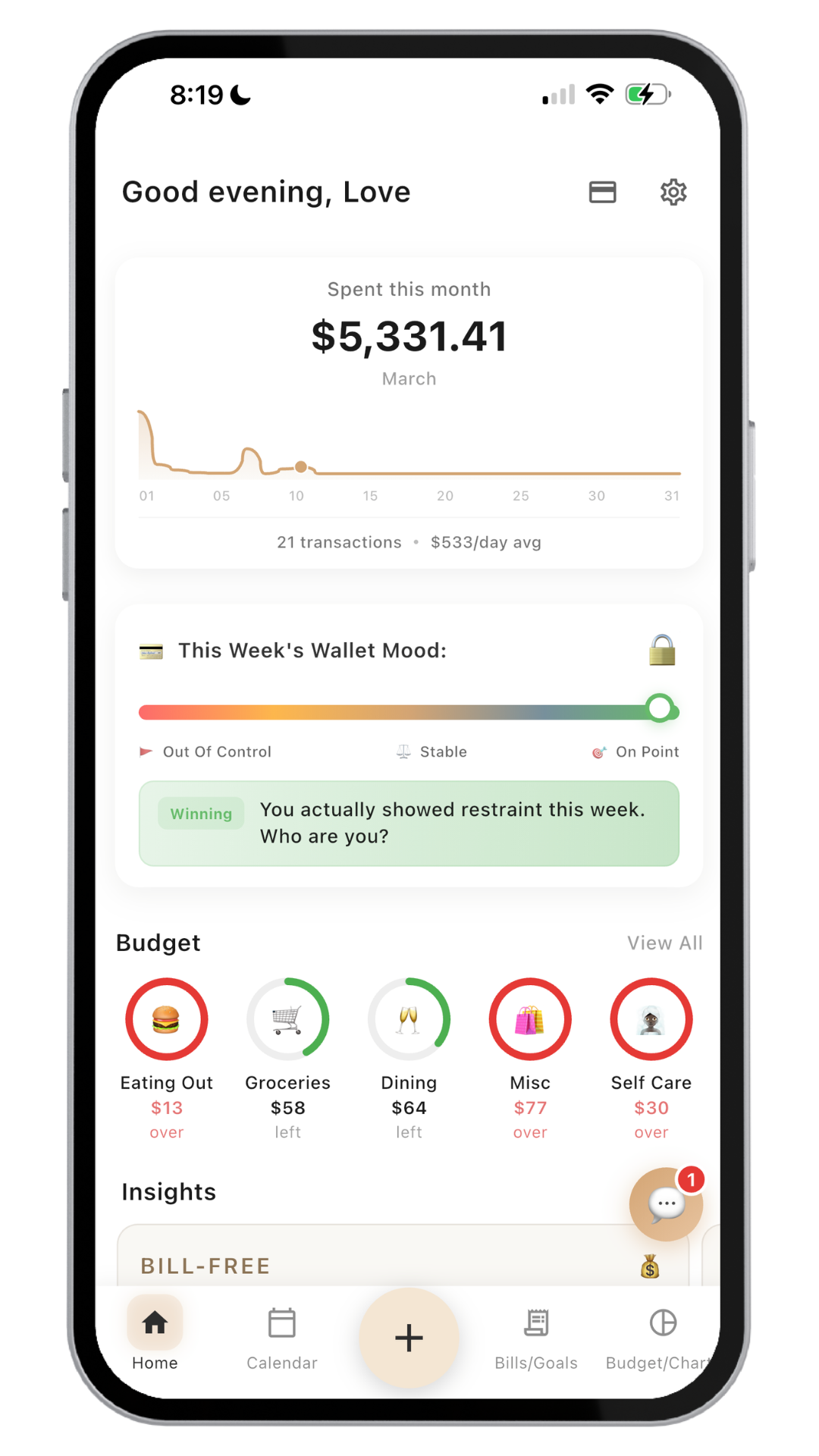 Mobile banking app screen showing February spending summary, budget categories, and weekly wallet mood indicator.
