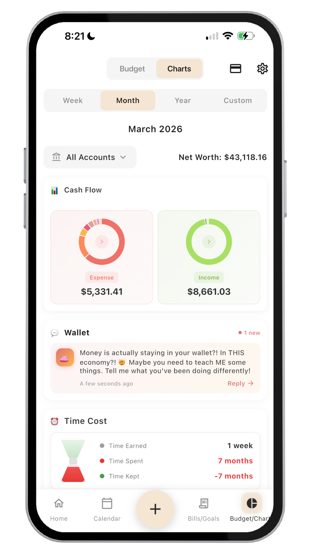 Mobile phone screen showing a financial app dashboard with budget, charts, week/month/year/custom options, March 2026 details, net worth of $43,118.16, cash flow with expense of $5,331.41 and income of $8,661.03, wallet section with a notification, and a time cost section.