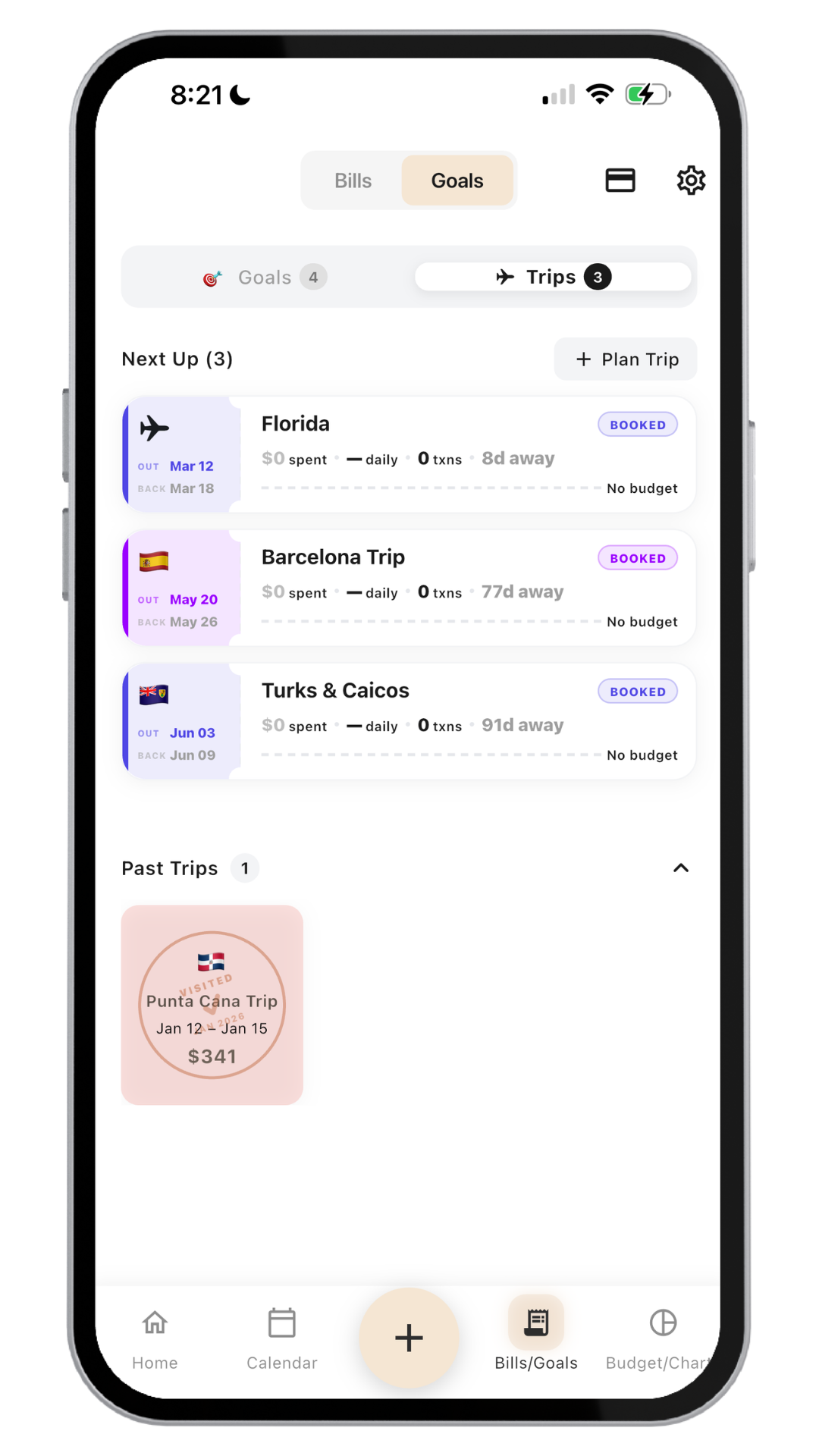 Mobile app display of a travel planning and goal tracking app; showing upcoming trips to Florida, Barcelona, and Turks & Caicos, with a past trip to Punta Cana.