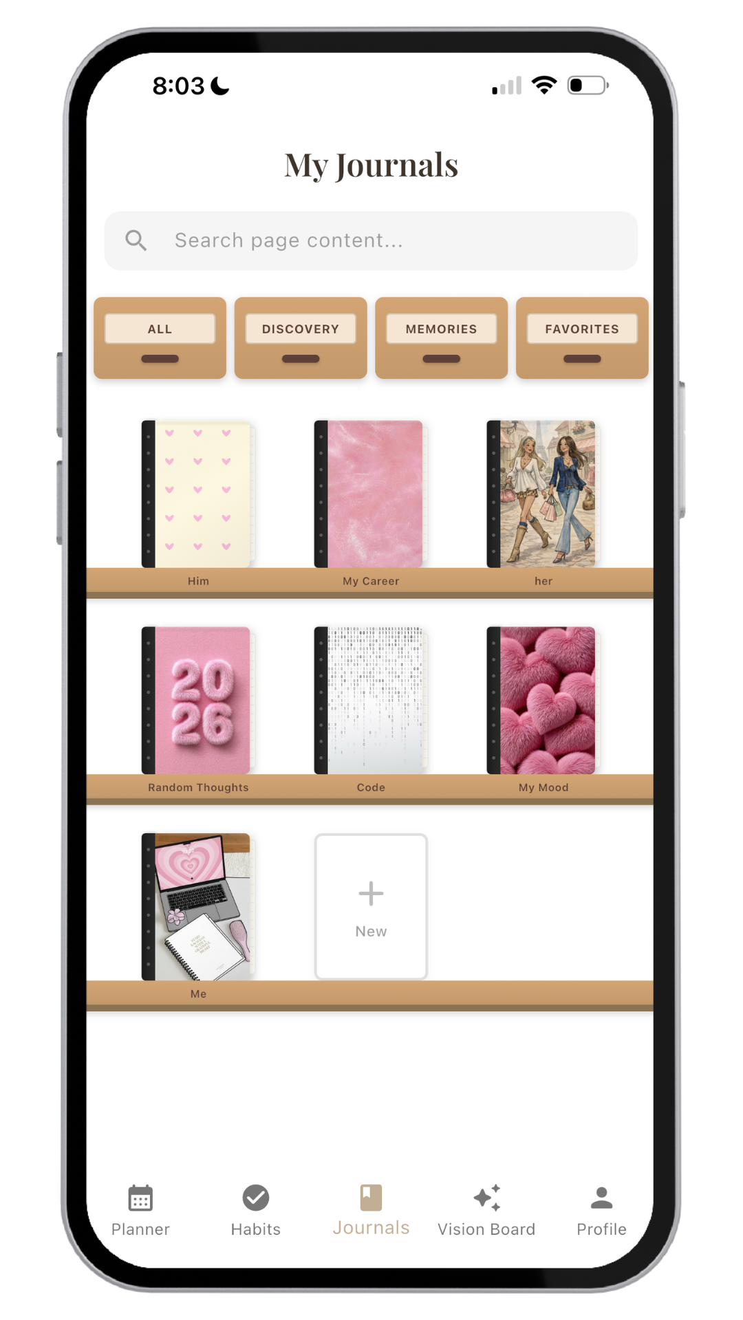 Smartphone screen displaying a journaling app called 'My Journals' with various colorful journal covers and categories like 'All', 'Discovery', 'Memories', and 'Favorites'.