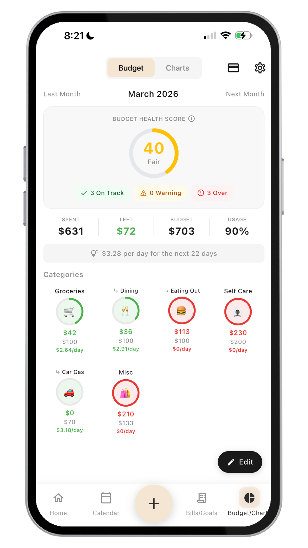 Smartphone screen displaying a budgeting app with March 2026 budget summary, including spending categories and balance details.