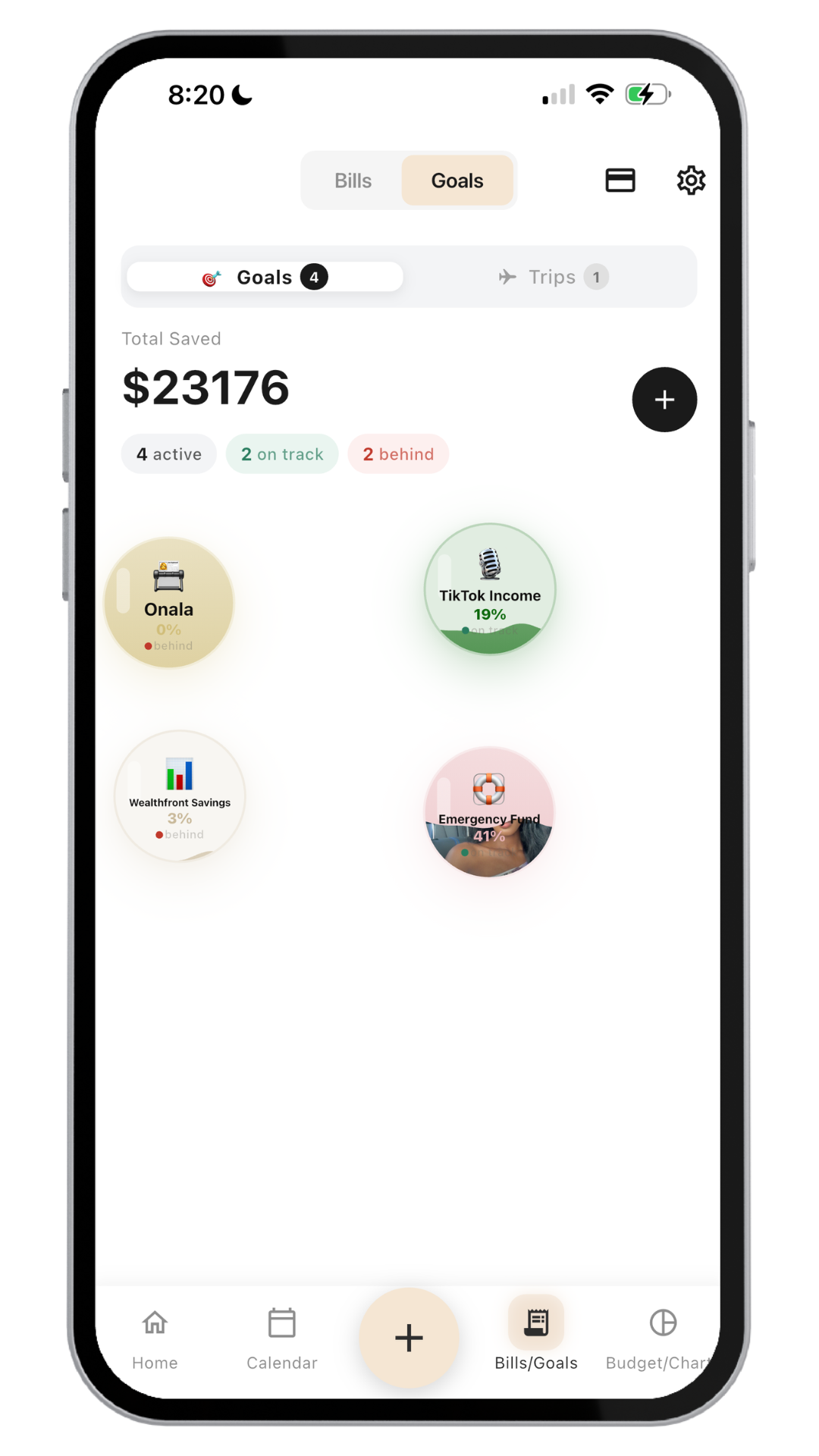 Mobile app screen displaying financial goals with total savings of $23,176, four active goals including TikTok Income, Emergency Fund, Wealthfront Savings, and Onala, showing progress percentages for each.